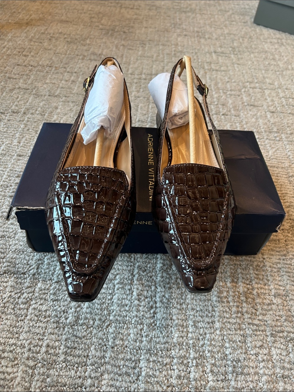 Adrienne Vittadini Rafi Dark Brown Croc-Embossed Leather Slingback Loafers 10